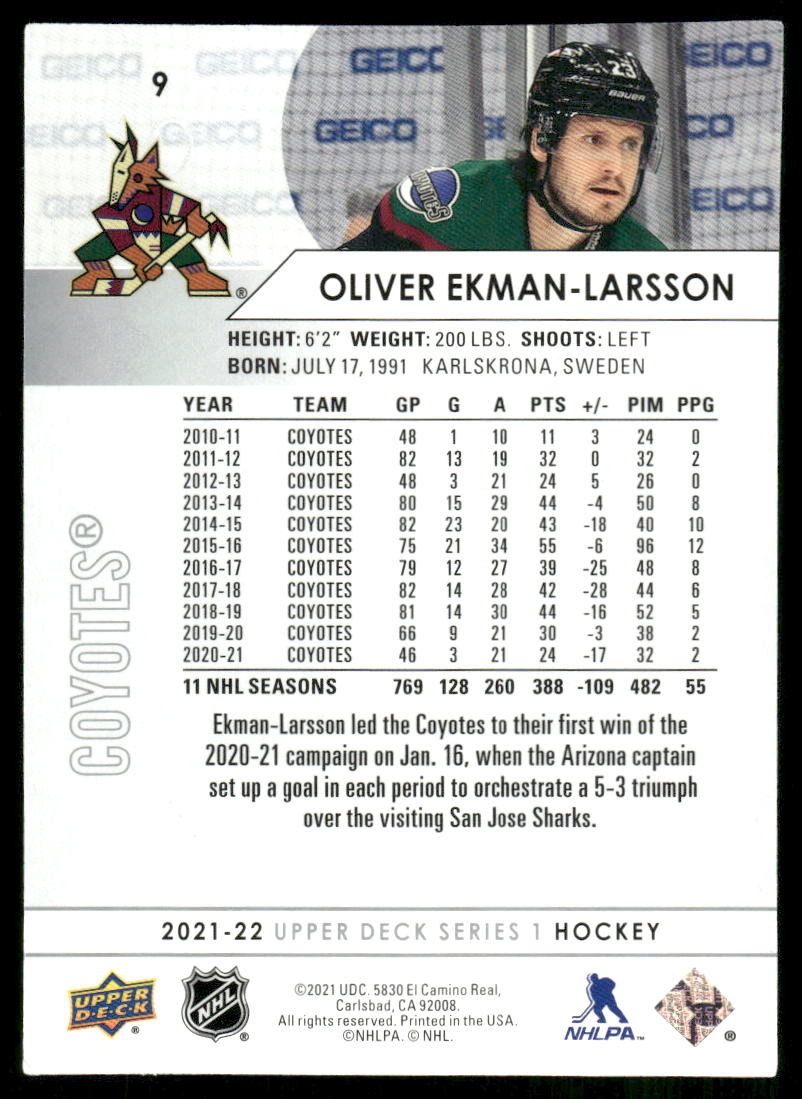 2021-22 Upper Deck #9 Oliver Ekman-Larsson