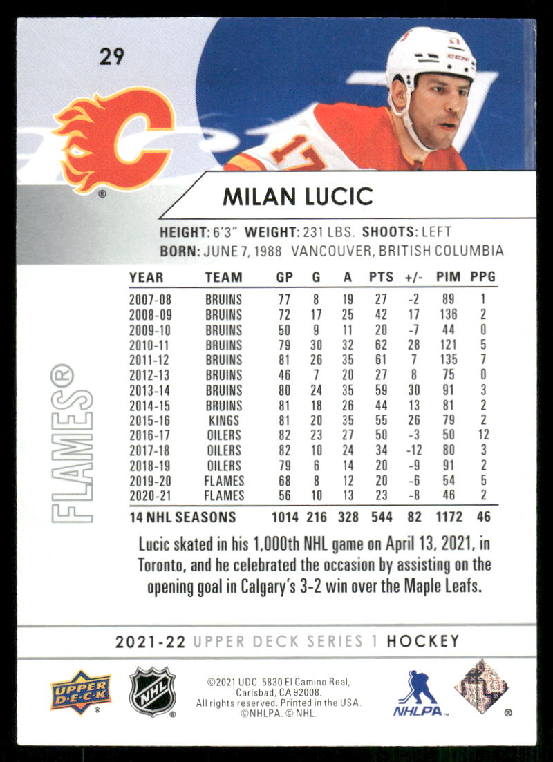 2021-22 Upper Deck #29 Milan Lucic
