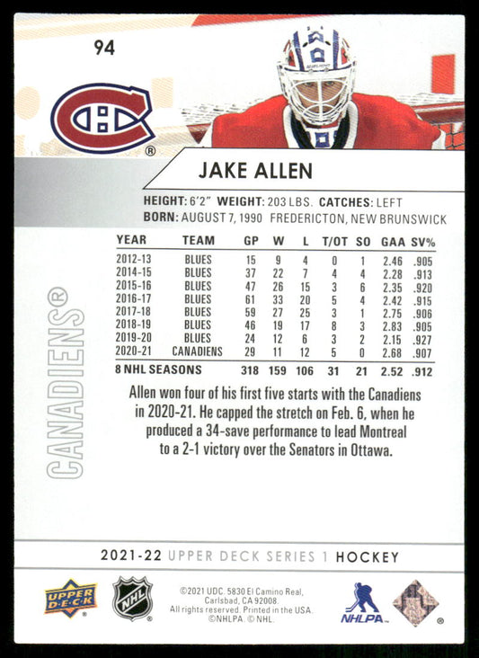 2021-22 Upper Deck #94 Jake Allen