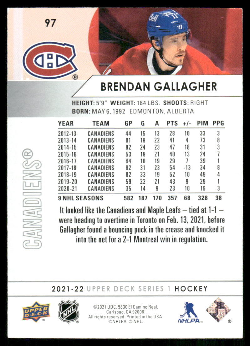 2021-22 Upper Deck #97 Brendan Gallagher