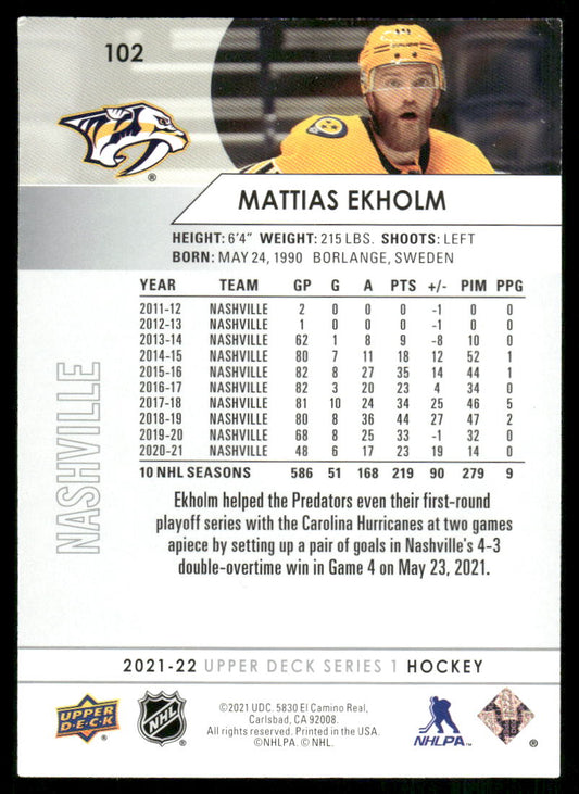 2021-22 Upper Deck #102 Mattias Ekholm
