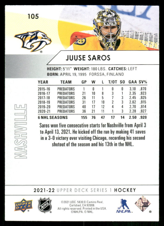 2021-22 Upper Deck #105 Juuse Saros