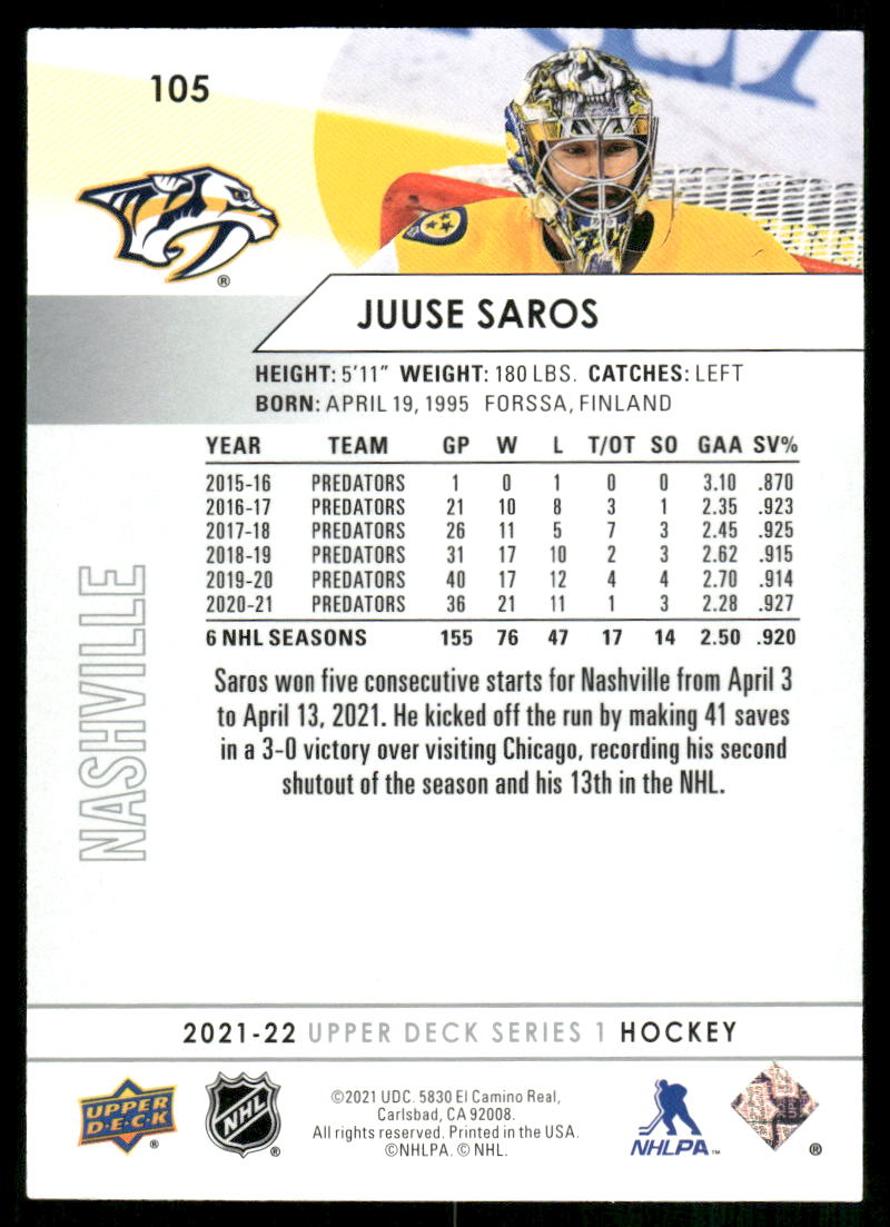 2021-22 Upper Deck #105 Juuse Saros