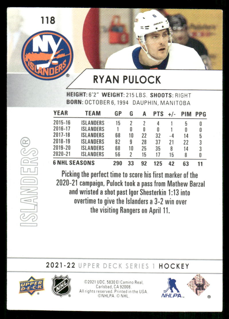 2021-22 Upper Deck #118 Ryan Pulock