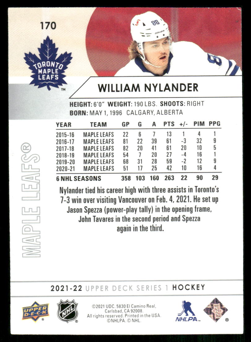 2021-22 Upper Deck #170 William Nylander