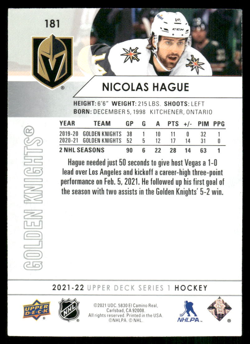 2021-22 Upper Deck #181 Nicolas Hague