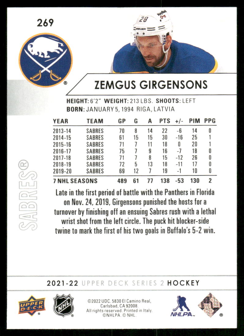 2021-22 Upper Deck #269 Zemgus Girgensons