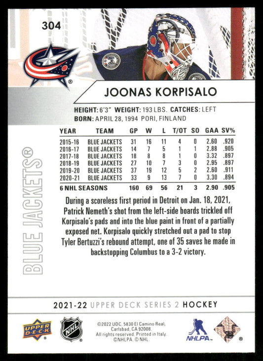 2021-22 Upper Deck #304 Joonas Korpisalo