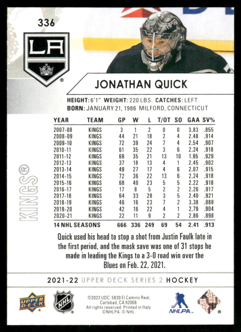 2021-22 Upper Deck #336 Jonathan Quick Speckled Rainbow Foil