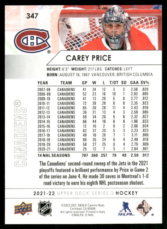 2021-22 Upper Deck #347 Carey Price