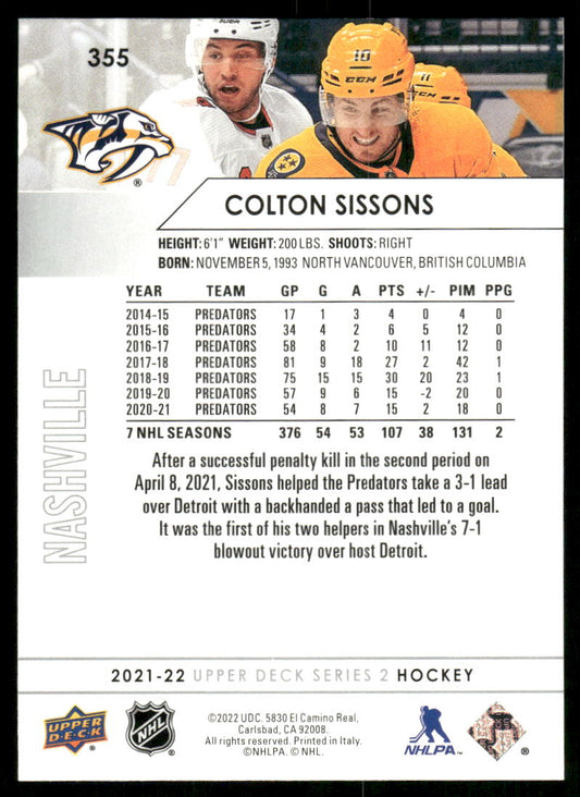 2021-22 Upper Deck #355 Colton Sissons