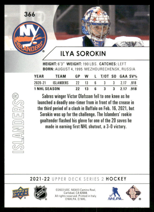 2021-22 Upper Deck #366 Ilya Sorokin