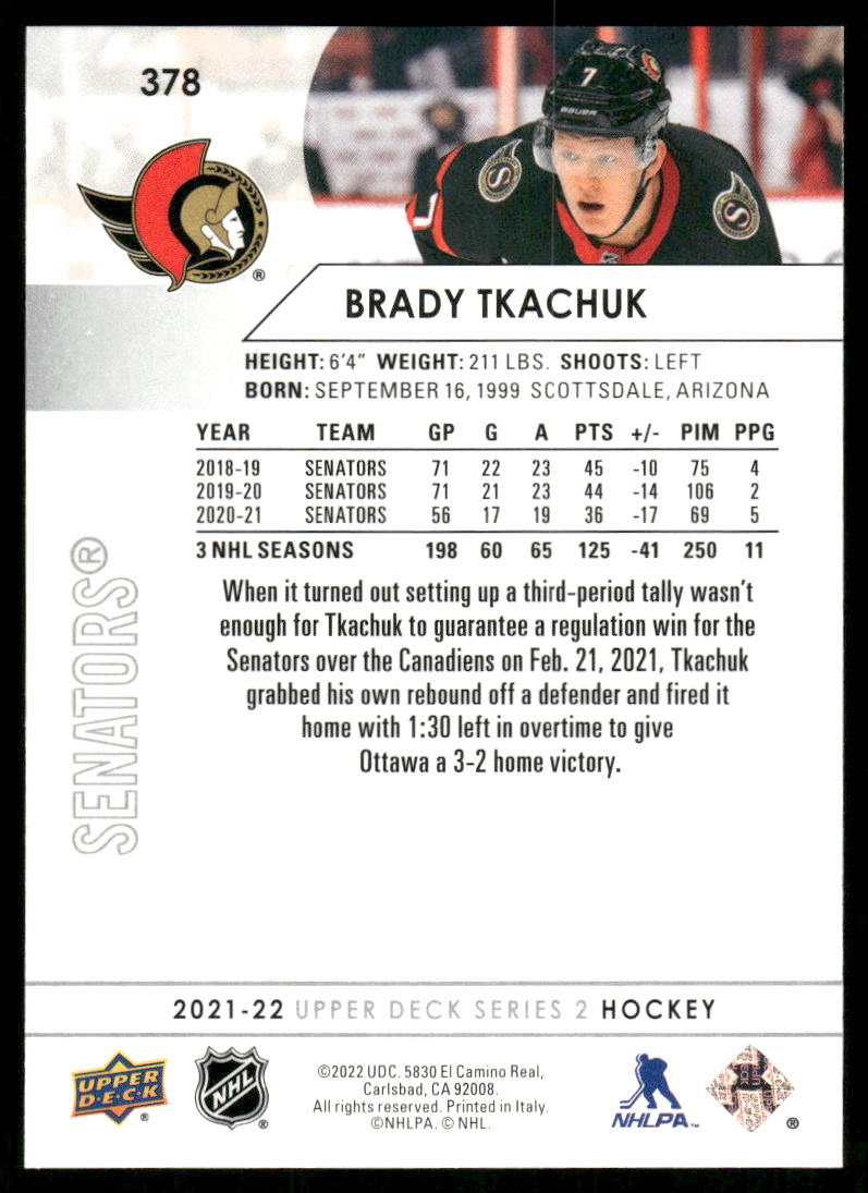 2021-22 Upper Deck #378 Brady Tkachuk