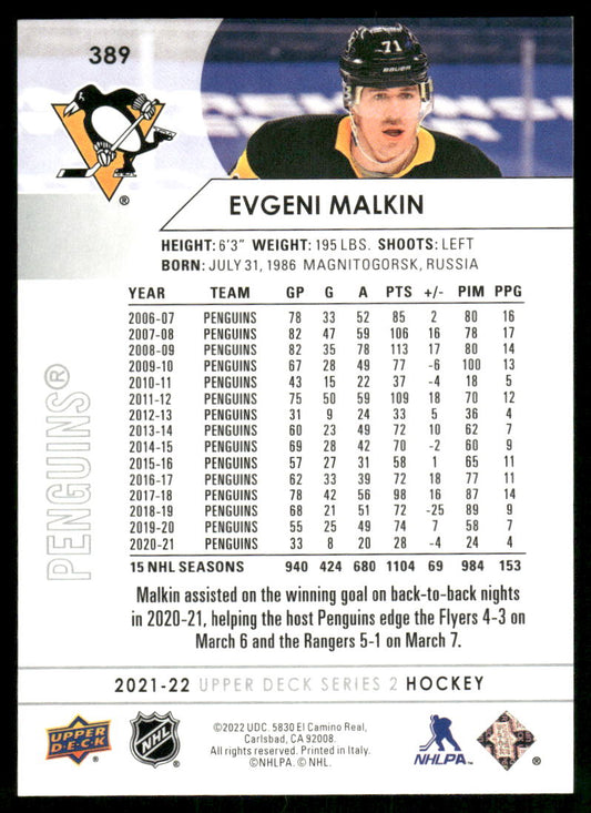 2021-22 Upper Deck #389 Evgeni Malkin