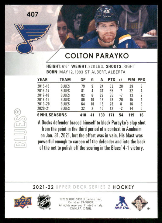 2021-22 Upper Deck #407 Colton Parayko