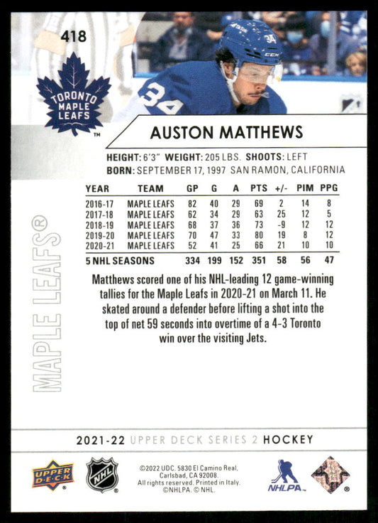 2021-22 Upper Deck #418 Auston Matthews