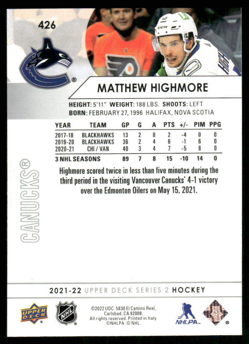 2021-22 Upper Deck #426 Matthew Highmore