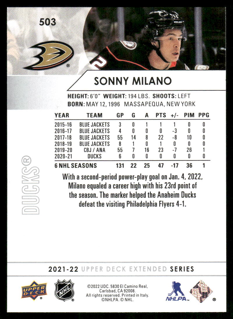 2021-22 Upper Deck #503 Sonny Milano