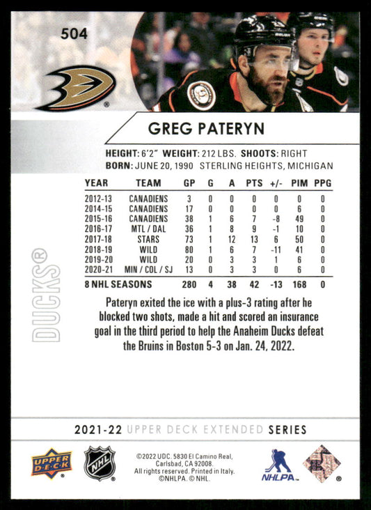 2021-22 Upper Deck #504 Greg Pateryn