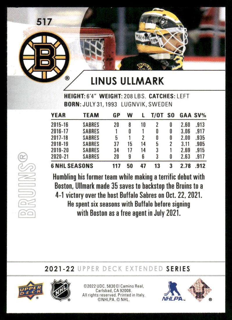 2021-22 Upper Deck #517 Linus Ullmark