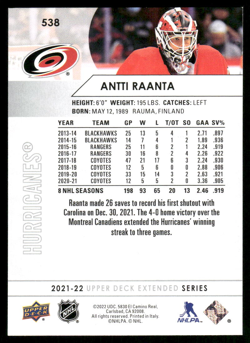 2021-22 Upper Deck #538 Antti Raanta