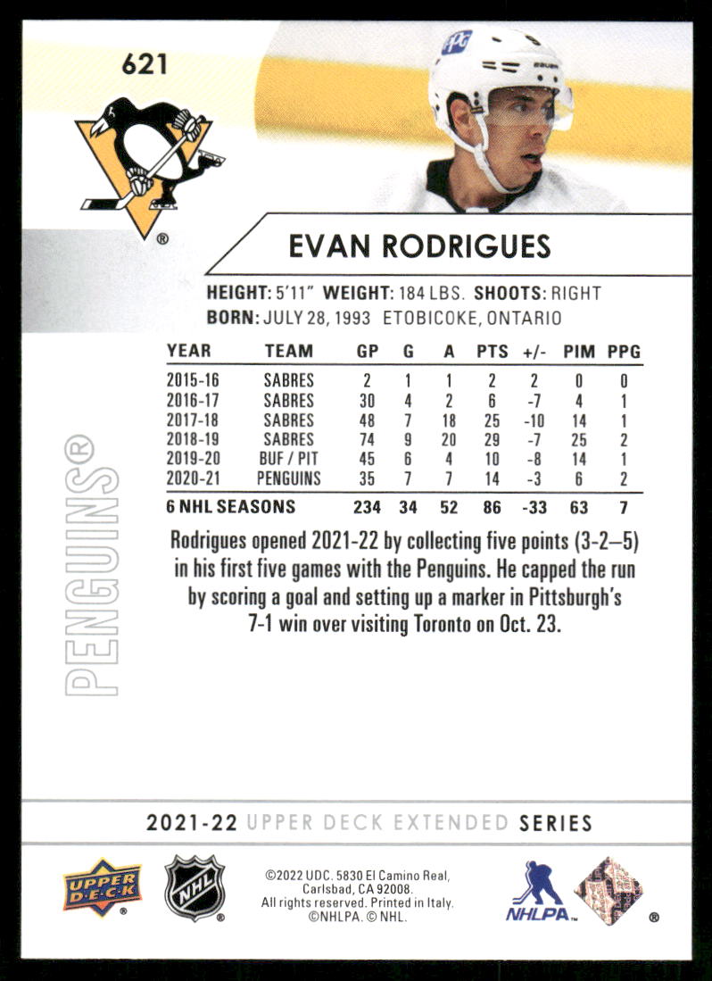 2021-22 Upper Deck #621 Evan Rodrigues