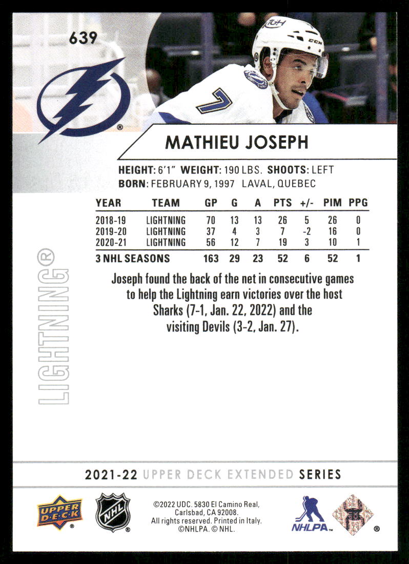 2021-22 Upper Deck #639 Mathieu Joseph