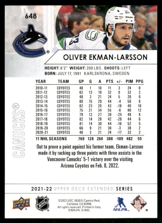 2021-22 Upper Deck #648 Oliver Ekman-Larsson