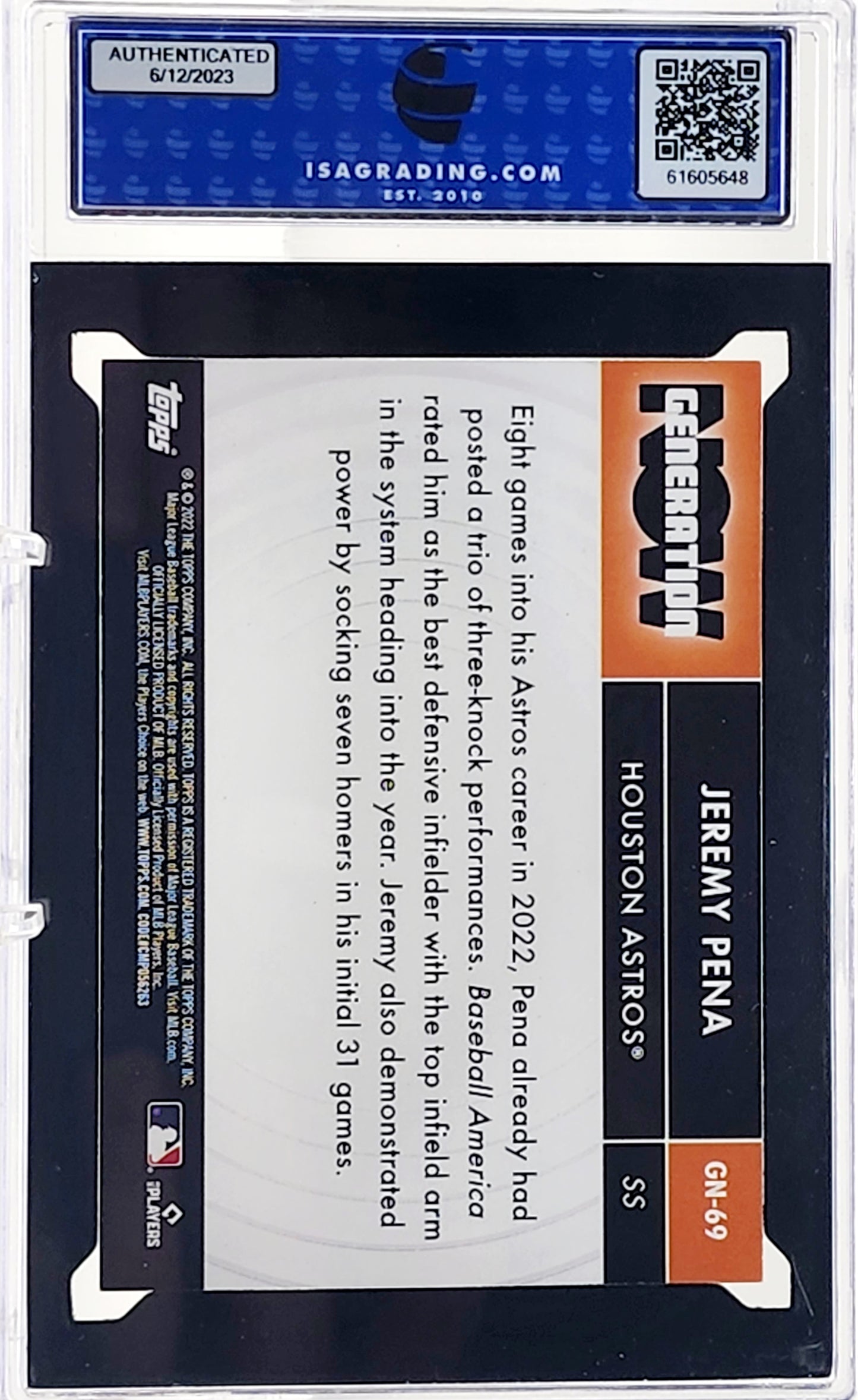 2022 Topps Update JEREMY PENA BLUE FOIL RC #GN-69 Houston Astros ISA 9 Mint