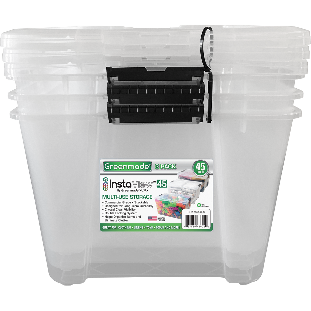 Greenmade InstaView 3 Pack 45 Quart Multi-Use Storage Bins