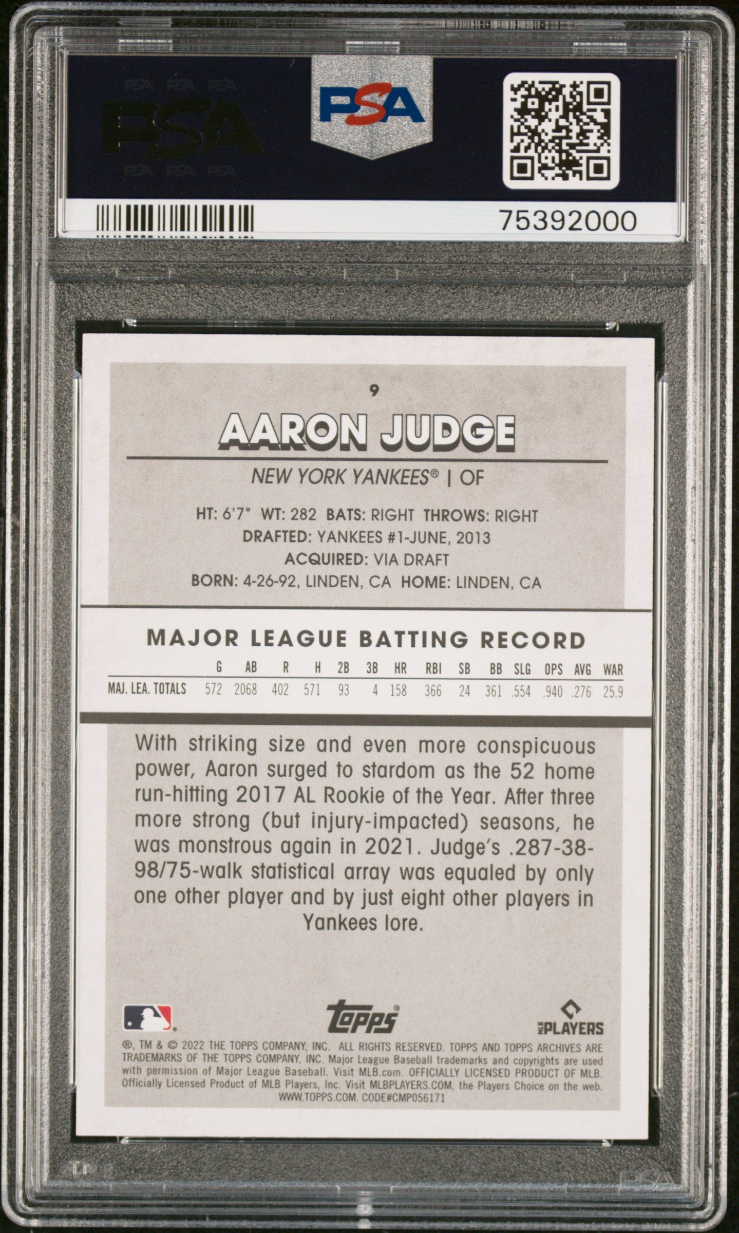 2022 Topps Archives Snapshot Aaron Judge Yankees #9 PSA 9 Mint
