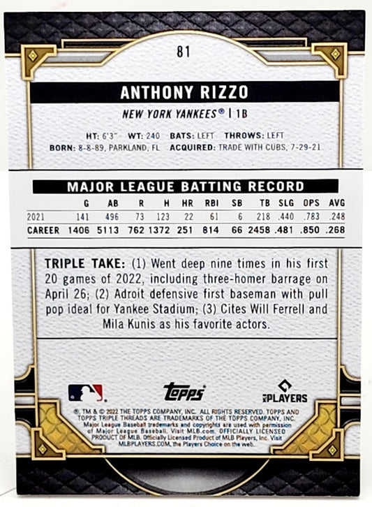 2022 Topps Triple Threads #81 Anthony Rizzo Aquamarine Parallel Card 99/150 Rare
