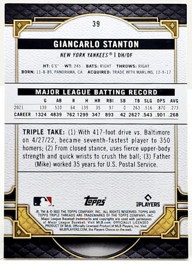 Giancarlo Stanton 2022 Topps Triple Threads Citrine Parallel 21/75 - Yankees 39