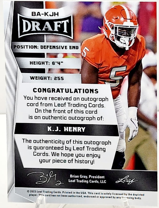 K.J. Henry 2023 Leaf Draft GOLD Auto XRC SP #BA-KJH Clemson Commanders