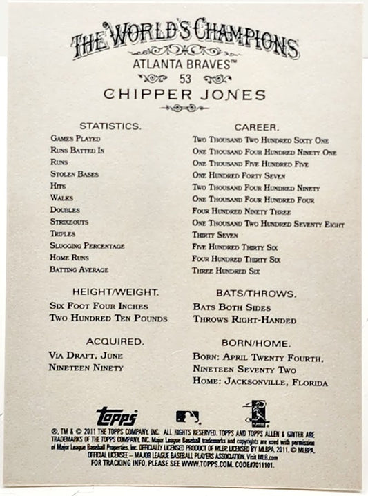 2011 Topps Allen & Ginter's Card #53 Chipper Jones Atlanta Braves