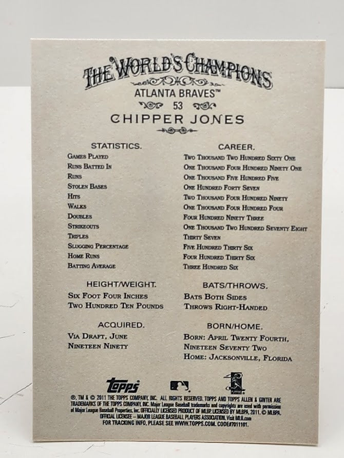 2011 Topps Allen & Ginter's Card #53 Chipper Jones Atlanta Braves