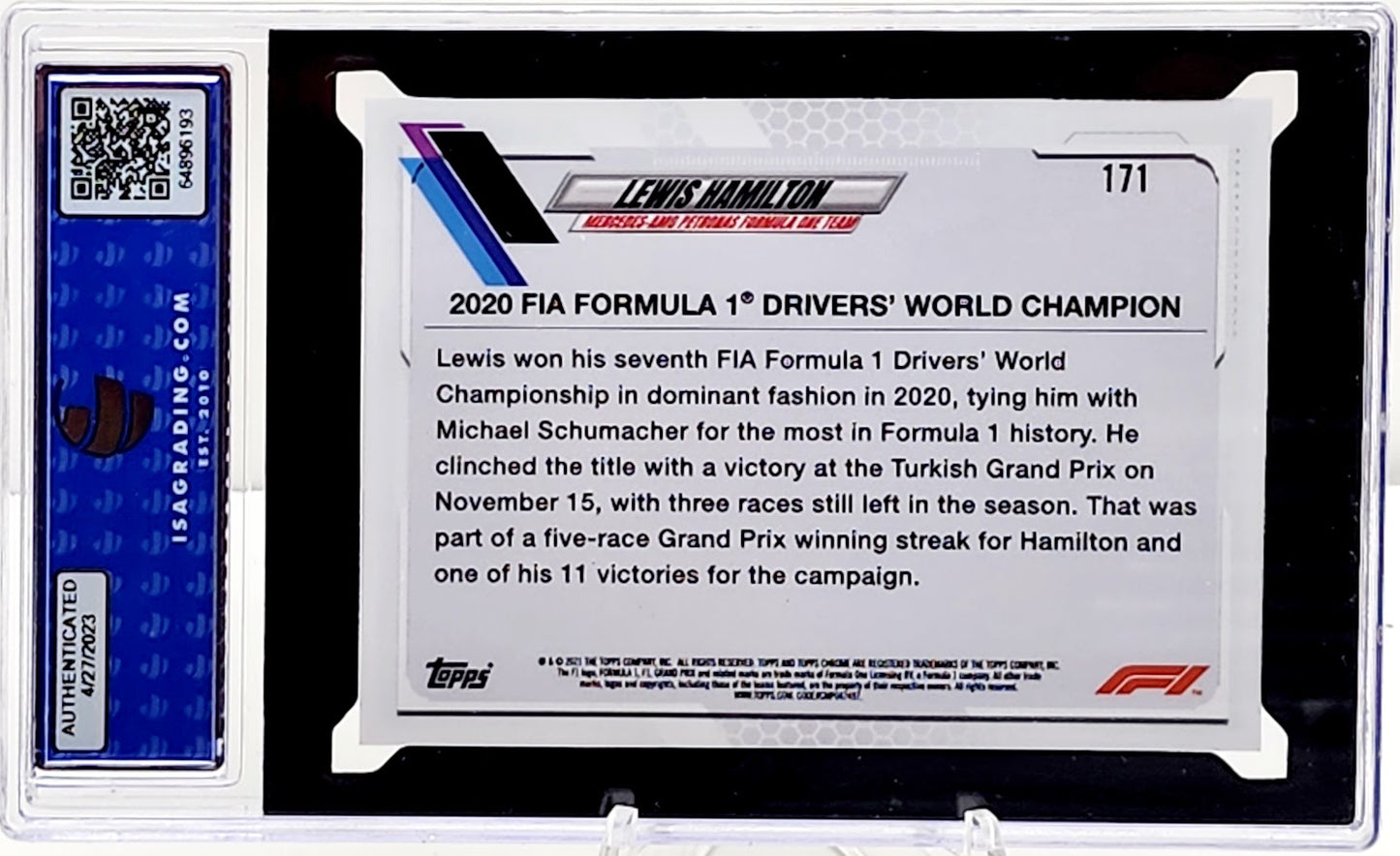 LEWIS HAMILTON 2021 Topps Chrome F1 171 Refractor ISA 10 GEM MINT