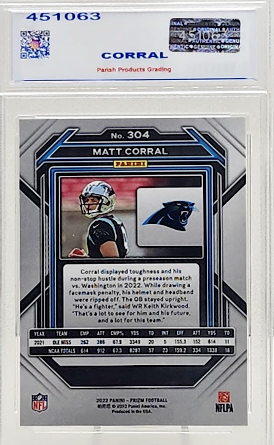 Matt Corral 2022 Panini Prizm Rookie Card RC Carolina Panthers #304 Parish 9 Mint