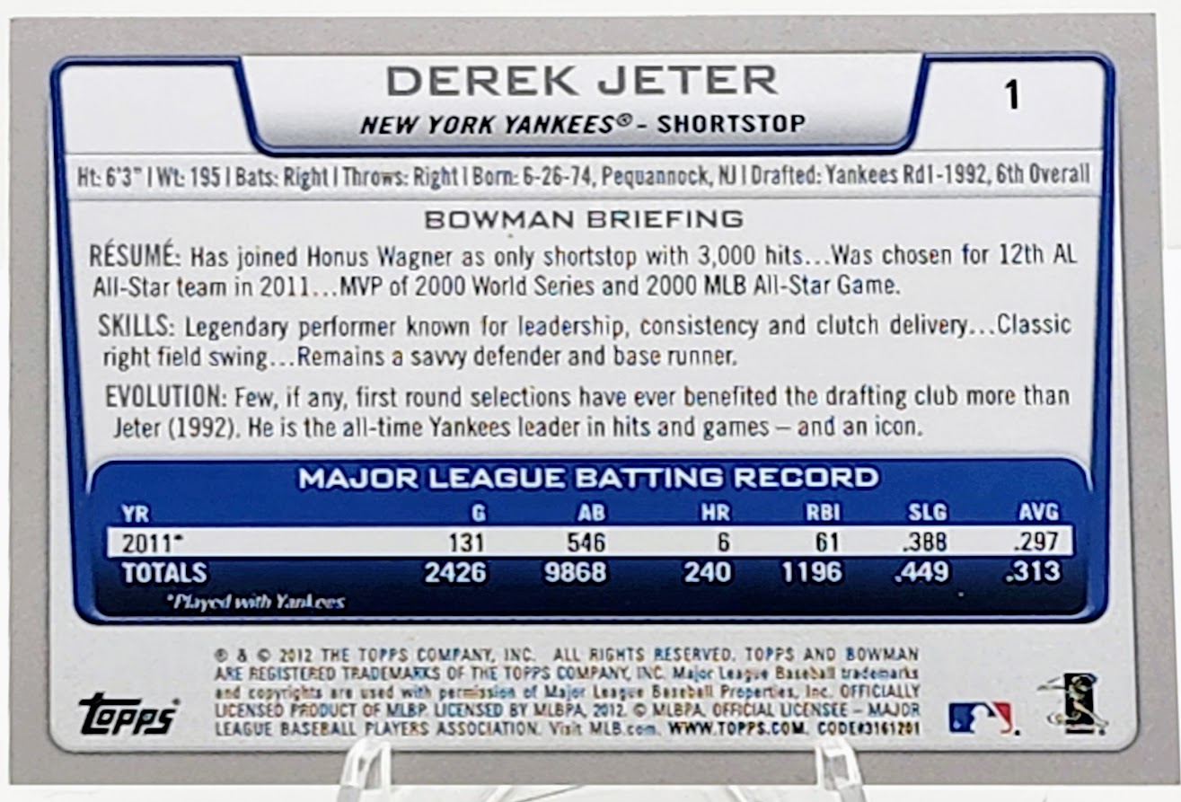 2012 Bowman New York Yankees Baseball Card #1 Derek Jeter HOF