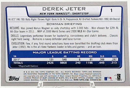 2012 Bowman New York Yankees Baseball Card #1 Derek Jeter HOF