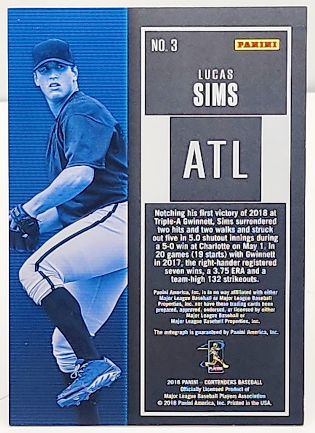 2018 Panini Contenders Lucas Sims Rookie Auto Season Ticket Braves Reds RC #3