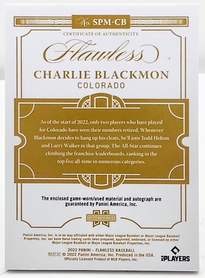 2022 Flawless Charlie Blackmon Prime Materials Patch On Card Auto 25/25 Rockies