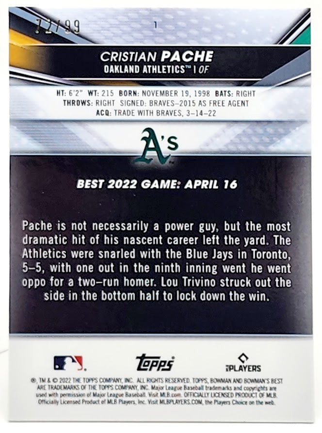 2022 Bowman's Best Green Speckle Cristian Pache #1 72/99 Oakland Athletics