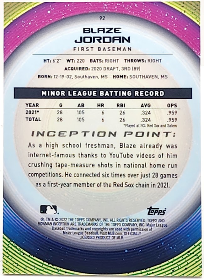 2022 Bowman Inception Blue Foil #PABJ Blaze Jordan /99 Red Sox