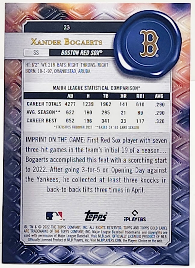 2022 Topps Gold Label Class 1 Blue #23 XANDER BOGAERTS RED SOX 87/150