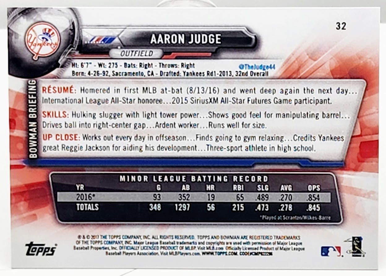 2017 Bowman Baseball #32 Aaron Judge RC New York Yankees