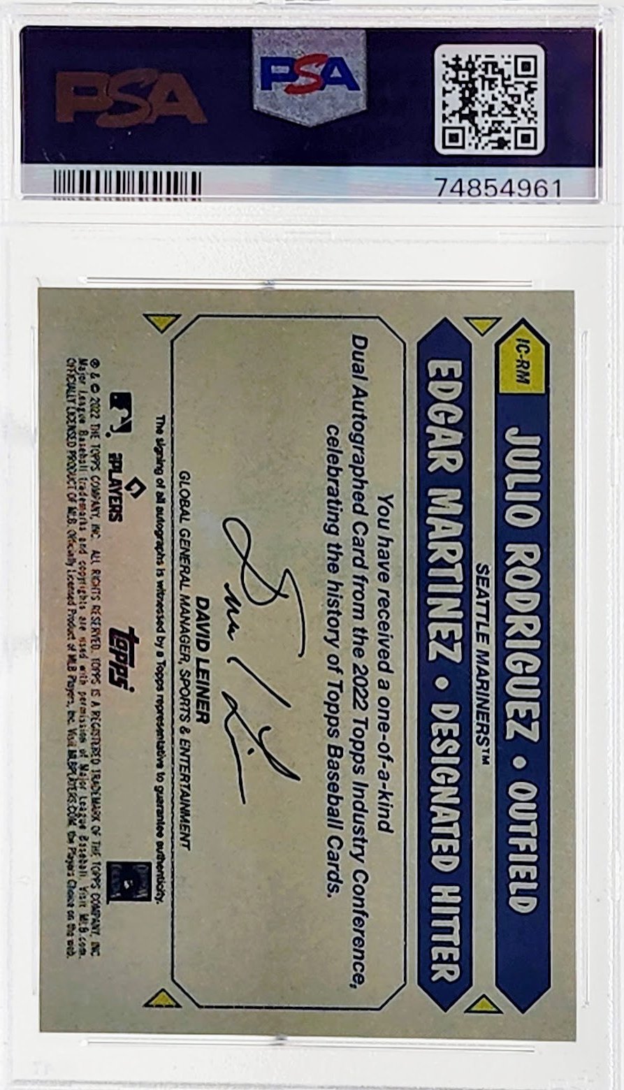 2022 Topps Industry Conference Julio Rodriguez/Edgar Martinez Dual Auto PSA 10 GEM Mint