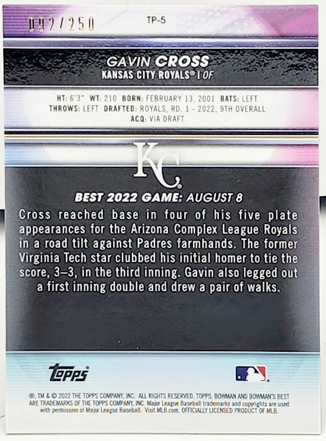 2022 Bowmans Best Gavin Cross 92/250 2022 Game Card TP-5