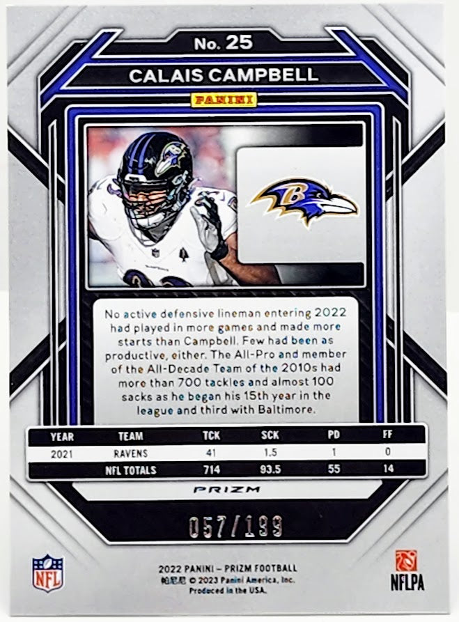 2022 Panini Prizm #25 Calais Campbell Blue Wave Prizm # /199