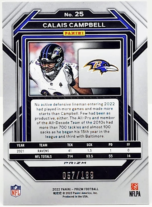 2022 Panini Prizm #25 Calais Campbell Blue Wave Prizm # /199